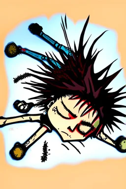 2d drawing of a stickman, cool with punk hair, x eyes like in hangman, laying flat on stomach,top view of him laying down,3d realistic in colour