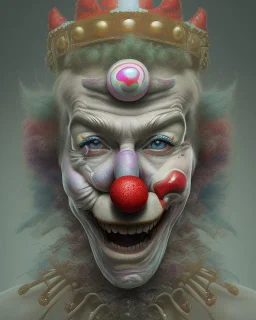 head and shoulders portrait of a clown with multiple eyes, face paint, jester hat, sad expression, Takato Yamamoto artist, Akiya Kageichi artist, Jedediah Berry inspired, 8k resolution concept art portrait, dynamic lighting, hyperdetailed, intricately detailed, maximalist, beautiful, creepy