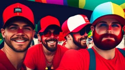 many men wearing red trucker hats enjoy the pride parade