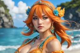 Hot Nami in 8k live action artstyle, beach custom, dynamic pose, intricate details, highly detailed, high details, detailed portrait, masterpiece,ultra detailed, ultra quality