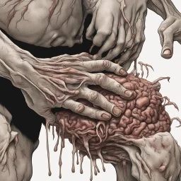 rotten zombie hand puncturing human brains, holding and gripping with tendons visible detailed