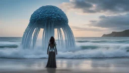 Wide-angle shot of a woman, standing to one side on a beach with huge waves, with dark hair in a silver robotic catsuit, many large blue jellyfish shaped like mushrooms with tentacles floating high up in the air, masterpiece, best quality, super detailed