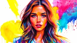 Quirky fashion portrait illustration in vibrant watercolor style, Portrait of a beautiful young woman surrounded by vibrant colors and airy lighting in this stunning fashion illustration featuring quirky watercolor brushstrokes, Surreal, textured, 3D, 8K, best quality, fine rendering, high detail, hyperrealism, high resolution, high definition, multi-layered, extreme focus, hyper sharp, hyperfocus,