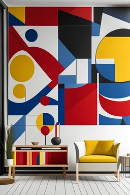 Create handpainted wall mural with overlapping primary shapes inspired by Bauhaus principles. Use red, blue, yellow, and black to create a classic and vibrant Bauhaus color palette."