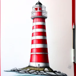 A metallic colored pencil drawing of the red and white striped lighthouse Sletringen Lighthouse in Norway