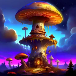 A fantabulous glowing, (((mushroom tower house))) erected atop a (tall geologic pillar), surrounded by uncanny imaginative ((( spiraling skies))), offset by the stark hues of a (nebulous space scape), . captured by the hand a skilled master painter with a focus on (softly textured compositions and voluminous lighting).