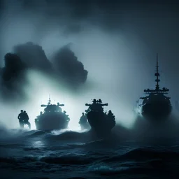 Marines italiani sbarcano con i mezzi sulle onde alte dell'oceano scuro con vapore scuro e nebbia