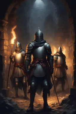 group of knights with torches exploring a dark dungeon filled with traps and old ruins, classical 1800s keith parkinson artwork style, portrait