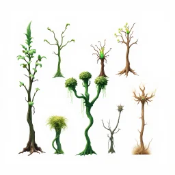 "Isolated concept art of multiple types of alien tree plant on a plain neutral background. Designed for different biomes: Forest biome – lush, dense, tall grass with strange broad blades, glowing tips, and twisted leaves. Swamp biome – slimy, wet, moss-like grass with tangled roots, bioluminescent details, and spongy textures. Desert biome – dry, spiky, brittle grass with sharp edges, thorn-like blades, and pale dusty colors. Each grass type should have a unique silhouette and texture.