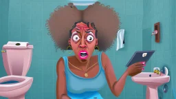 confused black lady with cellphone using the toilet