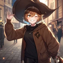 Clear focus, High resolution, short brown spiky hair, hair between eyes, eyes closed, wearing a brown detective hat, wearing a brown jacket and a black shirt, wearing black shorts, 1girl, pulling hat down, smiling, wearing a oversized hoodie