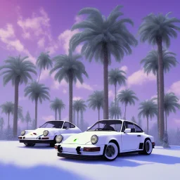 1980's aesthetic vaporwave palm trees with porsche in the winter snow