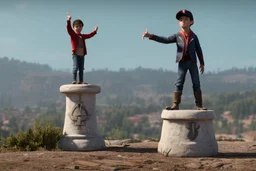 The boy is standing on a stylized podium, raising his right hand victoriously in the air, with his fingers forming a "V" sign. His left hand holds a symbolic representation of his achievement, which could be a miniature golden cup, a shining star, or any object that reflects the context of the competition or event.