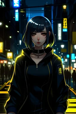 cute anime cyberpunk girl with dark medium-length hair, yellow eyes, wearing dark, tight, clothes standing on the streets of tokyo at night