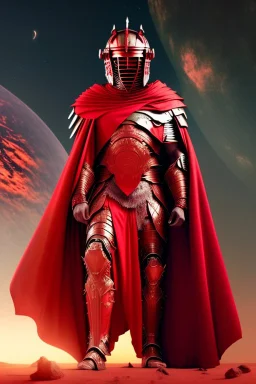 Planet Mars portrayed as a menacing God wearing Roman-like armour, a red cape, and a spartan helmet that covers his face entirely