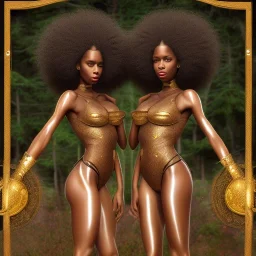 Biologically Female sexy African American Twins, black skin, tall and slender, long afro kinky hair,big brown eyes, long eyelashes warrior wear. Big butts. Gold accents on clothing. Surround by trees. Holding golden spears. Starry night