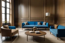 A sitting room consisting of single and double sofas and a table. The floor and walls are in shades of brown and blue.