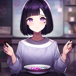 Clear focus, High resolution, A anime kid, cute, rough line skecth, hard shading, stars around 1girl, short dark cyan hair, fluffy short bowl cut, purple eyes