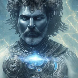 in center is a portrait of highly detailed greek colossus surrounded by quantum galaxy codes seeking knowledge, detailed face, dominating colors = gray light blue, lightning,