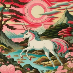 A pink magical realm with a unicorn designed in Navajo yarn painted by Utagawa Hiroshige