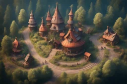 Theme park in the style of Slavic old fairy tales, roads, bird's-eye view, baba Yaga's house forest