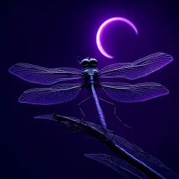 close up portrait from a robotic biomechanical dragonfly with tiny neon lights perches on a biomechanical flower, set against a backdrop of a blurred tiny made metallic crescent moon in a dark purple-black sky. perfect dragonfly body, Both the dragonfly and flower are silhouetted against a pale crescent moon. The overall tone is dark, distopic, dreamlike imagery atmosphere, ethereal silver abstractions, background quantum wavetracing, pale World Wide Web pale thin threads patterns, sci-fi moo