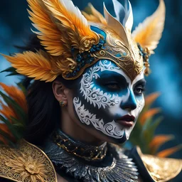 a close up of a person wearing a costume, an airbrush painting, inspired by Hedi Xandt, zbrush central contest winner, aquatic creature, victorian day of the dead, marc adamus, tooth wu : : quixel megascans, airbrush style, profile picture, beautiful creature, shot with Sony Alpha a9 Il and Sony FE 200-600mm f/5.6-6.3 G OSS lens, natural ligh, hyper realistic photograph, ultra detailed -ar 1:1 —q 2 -s 750)