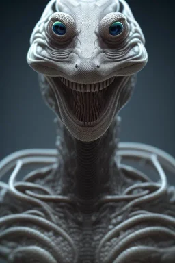 snake alien, head,8 eyes, smile, 8k, with hairs, finely detailed, photo realistic, HR Giger style