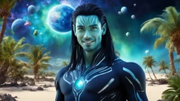 beautiful gorgeous young man na'vi with long hair, Avatar, blue skin, two small ears, green eyes, black hair, in cosmic suit, galactic ambiance, medium pointy goatee , smiling, with spaceship and planets and palm trees and clear crystaline cosmic beach in background