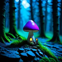 "Close up of a wonderful tiny Mushroom Tower home. indigo and magenta with bright white, deep black and contrasting tones of gray. Illuminated bioluminescent forest. Professional painter, master at composition. small but detailed. broken, blurred background, voluminous lighting"