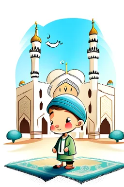 illustration of mosque for children rhyming book with a white background and a cute boy with a sheep along praying mat mosque should be colourful the sheep should be visible