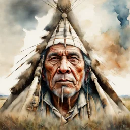 The old Cherokee man of the Great Plains, double exposure Cherokee mans face formed by a Teepee in a grass plains with Buffalo, watercolor by Jean-Baptiste Monge and Yossi Kotler, Modifiers: sharp focus extremely detailed intricate oil on canvas portrait hyperrealistic high definition crisp quality