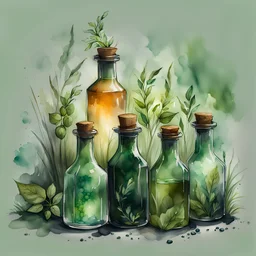 watercolor, dark style, dark green vintage witch's glass bottles with herbal decoction with emeralds and with grass and leaves, Trending on Artstation, {creative commons}, fanart, AIart, {Woolitize}, by Charlie Bowater, Illustration, Color Grading, Filmic, Nikon D750, Brenizer Method, Side-View, Perspective, Depth of Field, Field of View, F/2.8, Lens Flare, Tonal Colors, 8K, Full-HD, ProPhoto