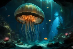 A mysterious underwater cave, rock formation, glowing jellyfish, strange aquatic creatures, art by Lucas Graciano. fantasy concept art, exquisite realism, a masterpiece, dynamic lighting, hyper detailed, intricately detailed, deep color, Unreal Engine, volumetric lighting , Epic cinematic brilliant stunning intricate meticulously detailed dramatic atmospheric maximal,
