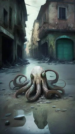 Alien octopus floating through ruined street