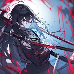 Clear focus, High resolution, rough line sketch art, long black hair, hair between eyes, fluffy hair, purple eyes, wearing a black and red sailor uniform, dark aura, mad, holding katana, bloody mess