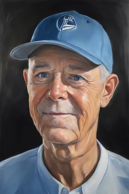 Baseball Cap, short mustache, Oil paint on canvas, chiaroscuro, deep shadows, masterpiece, happy, 2020 Golfing picture, head to waist, thin, gaunt, frail, 30-year-old Harold Kendall, short, buzz-cut, thinning gray hair, short mustache, blue eyes, afflicted with Parkinson's Disease, wearing a Sky blue polo shirt, with large collar khaki pants and a baseball cap, egg-shaped face, facing a quarter turn to the left, a mixture of Harry Kendall, Lee Majors, Elvis Presley, Tommy Kirk, George Reeves