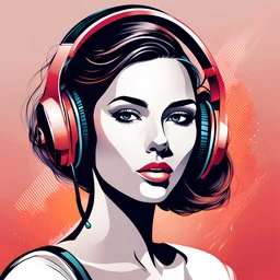 Generate a stylish and sexy vector illustration of a young woman's face with a confident and alluring expression. She should be wearing fashionable headphones, and the background should depict a chic and modern study room with a touch of sensuality. Emphasize a sleek and sophisticated atmosphere with bold colors, sharp lines, and glamorous details. Capture the allure and confidence of the young woman as she enjoys music in this stylish and captivating study space