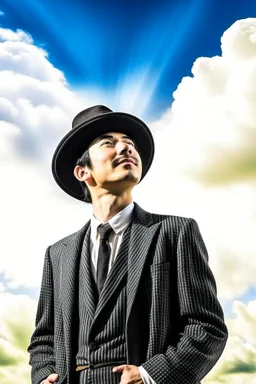 man magician looking at the sky changing the weather sunny day style of hiroku ogai