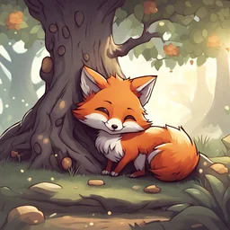 cute little fox thing asleep by a tree as it prepares to psyshock any who disturb it, in card art style