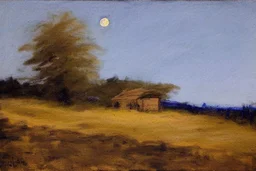 Dry trees, night, full moon, cabin, yard with flowers, fence, philip wilson steer impressionsim painting