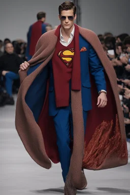 A guy on a fashion runway with Superman invernal clothes style embroidery without cape