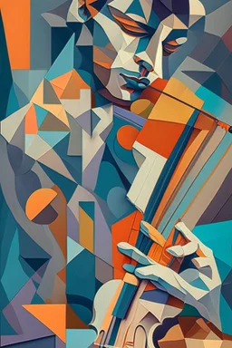 A captivating, cubist-inspired portrait of a musician playing their instrument, using fragmented shapes, lines, and a harmonious color palette to deconstruct the subject's features and express the rhythm and emotion of their music.