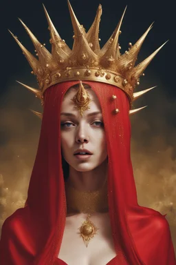 lady in red veils her face and has a large golden spiked crown, in the style of celestial fasion, otherworldly beauty, davide sorrenti, celestialpunk, album covers, fra angelico, aykut aydogdu, queencore, golden age aesthetics --s 750 --v 6. 0 --ar 10:13