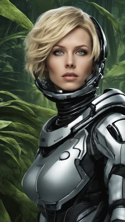 wide-angle Photo of a Sci-fi woman, with blond hair, wearing a silver and black spacesuit looking like an android, on an alien jungle planet