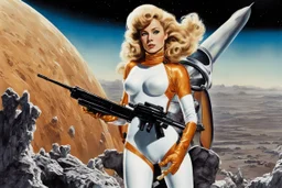 photo of a Sci-fi pin-up girl, wearing a spacesuit with no helmet, on an alien planet, Barbarella