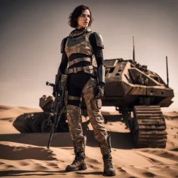 beautiful caucasian female soldier, black metal body and limbs, visible cybernetic limbs, scratched sand camo metal details, short brunette wavy bob haircut, dystopian, desert scene