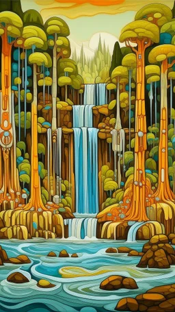 Yellowish orange colored mangroves with a waterfall designed in pacific Northwest totem poles painted by Qiu Ying