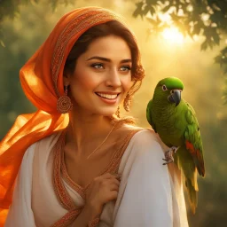 Hyper Realistic close-up-view of a Beautiful-Young-Happy-Pashto-Woman-with-beautiful-eyes-smiling-with-a-parrot, white-dress-&-orange-shawl & breeze-whirling in a jungle-with-tall-trees & cloudy-sunset-&-sun-rays showing dramatic & cinematic ambiance