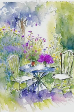 abstract watercolour english cottage garden with table and 2 chairs in the style of jean haines, centred